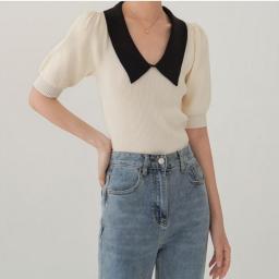 Chic Hit Color Peter Pan Collar Knitted Pullover T Shirt Summer Puff Short Sleeve Sweaters Tops Sweet Fresh Sweater Women