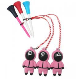 Golf Tees 3pc/set Rubber Red Tee With 3D Squid Game Figures Mask Cartoon Pattern Prevent Loss Handmade Rope Golf Ball Holder New