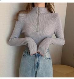 2023 Knitted Women Zipper High Neck Sweater Pullovers Turtleneck Autumn Winter Basic Women Sweaters Slim Fit Black Pull Femme