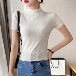 Solid Color Simple Half High Collar Short Sleeve Knitted Sweater Korean Loose Plus Size 3xl Pullover Sweater Women Basic Sweater