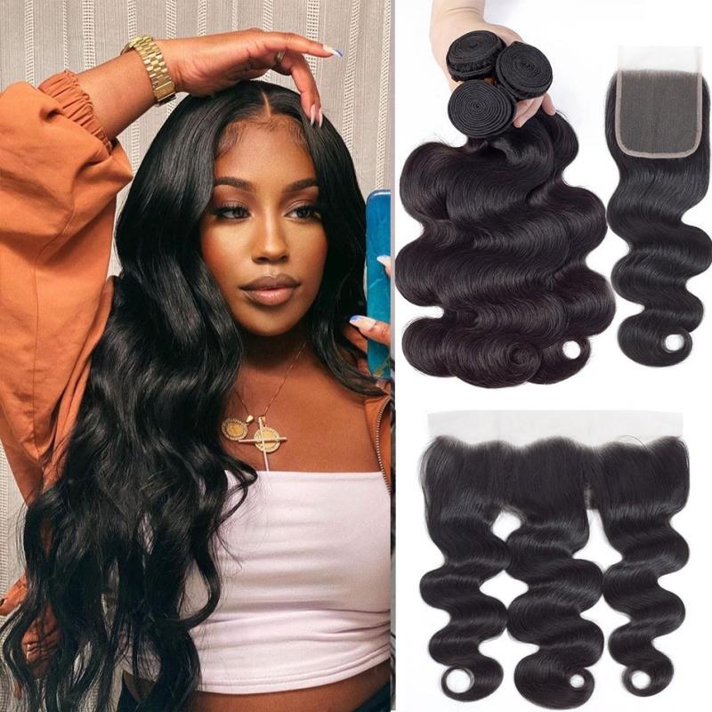 28 30Inch Body Wave Human Hair Bundles with Closure Frontal Peruvian Hair Bundles with Closure Remy 100% Human Hair Extension