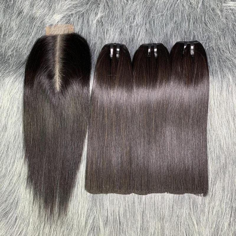 Bone Straight Raw Human Hair Bundles 100% 12A Straight Raw Human Hair Nature Black 3bundles with Closure 2x6 Lace Kim K Closure