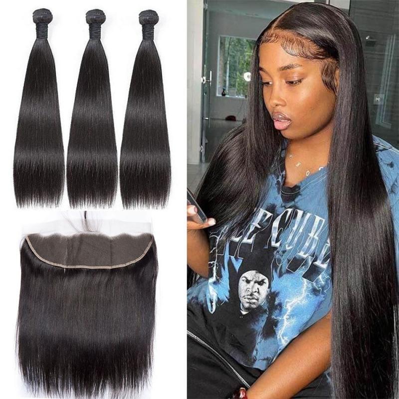 Brazilian Straight Remy Hair 30 Inch Human Hair Bundles With 13X4 Lace Frontal Promqueen Human Hair Ear To Ear 4x4 Closure