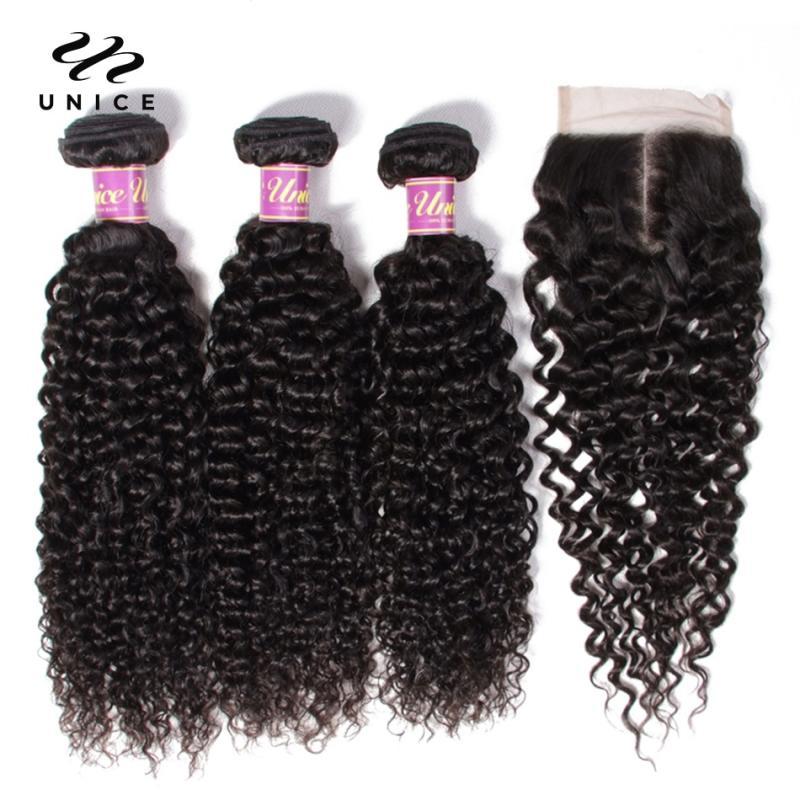 Unice Hair Indian Curly Lace Closure 100% Human Hair 3 Bundles With Closure Natural Color Remy Hair Weaving Free Shipping