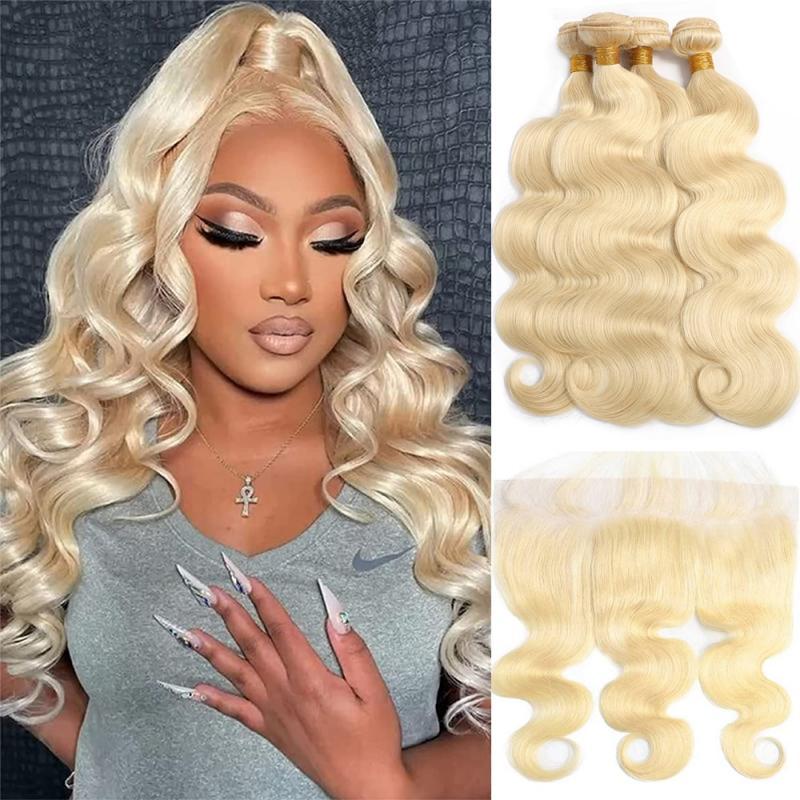 613 Honey Blonde Bundles With Closure Human Hair HD Lace Frontal Closure With Bundles Body Wave Hair Extensions For Women