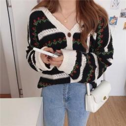2021 Autumn New Women Long Sleeve Knitted Cardigans Casual Floral Sweaters Loose Knitwear Cardigan Sweater