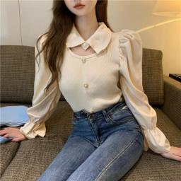 Turn Down Collar Spliced Shirt Woman Puff Long-sleeved Knit Tops Mujer 2023 New Autumn Temperament Sweater Pullover Women