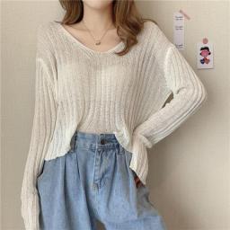 Pullovers Women V-Neck Casual Summer Thin Chandails Knitting Ins College Sweet Solid Streetwear Loose Sweaters Harajuku Simple
