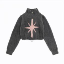 Star Jacquard Sweater Women Autumn Winter Streetwear Double Zipper Stand Collar Long Sleeve Short Tops