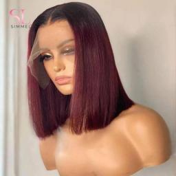 99J Red Bob Wigs Lace Frontal Human Hair Pre Plucked Short Straight Bob Wig Brazilian Remy Hair 13X4 Lace Wig On Seal Clearance
