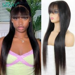 Natural Scalp Lace Front Wig With Bangs 180 Density Sexay Brazilian Straight Human Hair Bang Wigs Pre Plucked Lace Frontal Wigs