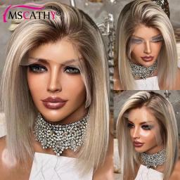 13x4 Ash Blonde Lace Front Human Hair Wig Ombre Short Bob Lace Closure Wig 4x4 HD Transparent Lace Front Wigs For Women Prepluck