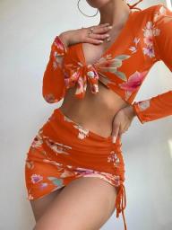 2023 New Sexy 4 Piece Bikini Set Swimsuit Women Long Sleeve Cover Up Tropical Flower Halter Swimwear Beach Wear Bathing Suit