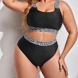 New 2023 Woman Large Size Swimsuit Leopard Patchwork Bikinis Set Sexy V Neck Tie-up Swimwear High Waist Brazilian Bathing Suits