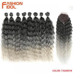 Synthetic Hair Extensions Water Wave Hair Bundles With Closure Ombre Blonde Fake Hair 9Pcs/Pack 20 Inch High Temperature Fiber