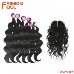 FASHION IDOL Body Wave Curl Hair 16-20 Inch 7Pieces/lot 240g Synthetic Hair Bundles With Closure Middle Part Lace Closure Fiber