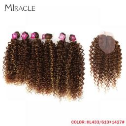 Afro Kinky Curly Hair Extensions Ombre Blonde 16-20Inch Synthetic Hair Bundles With Closure Weave Hair High Temperature Fiber