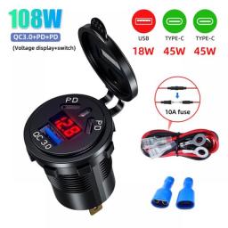 108W 3 Ports Car Charger Socket Dual 45W PD Type C & 18W QC 3.0 With Voltmeter Quick Charge 3.0 USB Charger For Motorcycle