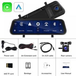 Podofo Dash Cam 4K CarPlay Mirror Monitor Android Auto Navigation Touch Screen Rear View Video Recording Car DVR Voice Control