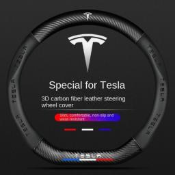 Steering Wheel Cover For Tesla Model 3 Model Y Model S Breathable Style Carbon Fiber Leather Anti-fur D Shape Round Shape