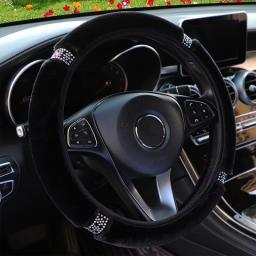 Universal 37-38cm Diameter Soft Plush Rhinestone Car Steering Wheel Cover Interior Accessories Black Pink Car Steering Cover
