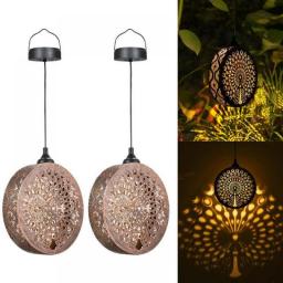 2 Pack Outdoor Solar Hanging Lantern Lights, Metal LED Waterproof Decorative Light With Hollowed-Out Peacock Design For Garden P