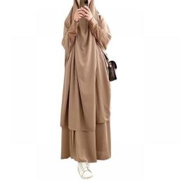 Women 2 Piece Set Hooded Muslim Dress Eid Prayer Garment Jilbab Abaya Long Khimar Full Cover Ramadan Gown Abayas Islamic Cloth