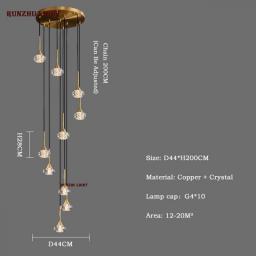 All Copper Staircase Long Chandelier Modern Minimalist Duplex Villa Loft Apartment Rotating Staircase Light Luxury Crystal Lamp
