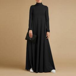 Muslim Dresses Abayas For Women Vintage Solid Maxi Dress Women's Turtleneck Sundress Casual Long Sleeve Maxi Vestidos S-5XL