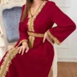 Dresses For Muslim Women Lace Embroidery V-Neck Long Sleeve Party Maxi Dress With Belt Elegant Moroccan Kaftan Turkey Wears