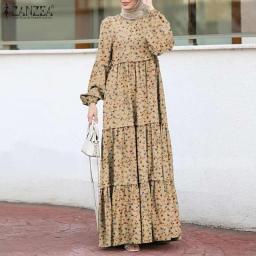 Women's Muslim Sundress Elegant Print Ruffle Dress Female Layered Printed Robe  ZANZEA Casual Puff Sleeve Maxi Vesitdos