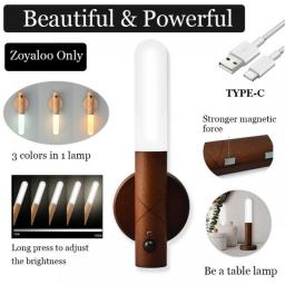 TYPE C LED USB Wood Stick Night Light Warm Motion Sensor Wall Lamp Magnetic Corridor Cabinet Wardrobe Light Decor Home Light