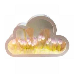 Handmade DIY Cloud Tulip Mirror Small Night Light Cloud Tulips Flowers Lamp Girl Living Room Desktop Decoration Birthday Gift
