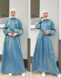 Dubai Turkey Abaya Muslim Dress Women Lantern Sleeve Lace-up Isalmic Party Dress