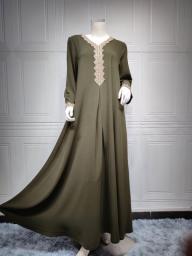Dubai Elegant Women's V-Neck Long Sleeve Maxi Dress Party Wedding Gowns Vintage Muslim Female Abaya Islamic Loose Robe Kaftan