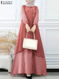 ZANZEA Stripe Printed Muslim Dress Woman O-Neck Full Sleeve Button Sundress Femme Fashion Casual Holiday Party Long Robe 2023