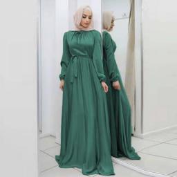 Hijab Satin Dress Ramadan Muslim Fashion Belted Abaya Dubai Turkey Arabic African Maxi Dresses For Women Islam Clothing Robes