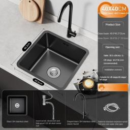 Kitchen Sink Black Nano 304 Stainless Steel Square Single Sink Bar Counter Vegetable Washing Basin Thickening Deepening Sink