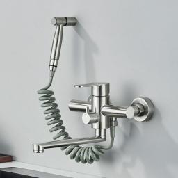 Brushed Nickel Wall Mounted Kitchen Faucet 360 Rotation Long Spout Kitchen Mixer Tap Bidet Spray Head Bathroom Kitchen Tap