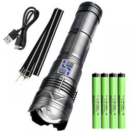 Super Bright Long Range Powerful LED Flashlight Type-C USB Rechargeable Tactical Torch Outdoor Zoomable Flashlight Power Display