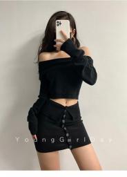 Women's  Sexy Shoulder To Shoulder Long Sleeve Short  Blouse Single Breasted Wrap The Buttocks Short Skirt 2023 New Knitted Suit