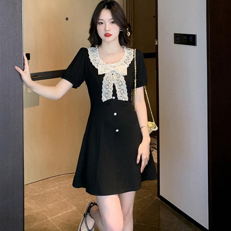 2023 Black Patchwork Lace Bow Collar Mini Dress Summer Short Sleeve Casual Home Dress Women Korean Vintage Hepburn Party Dresses
