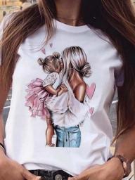Cartoon Mom Daughter Son Lady Printed Women T-shirt Summer Girl Casual Harajuku Y2K Female Tops Tees Camisetas Mujer