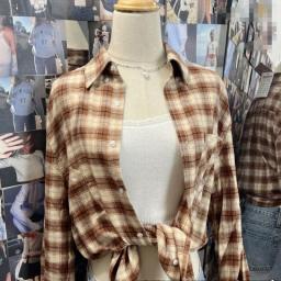 Vintage Plaid Button T Shirt Spring Preppy Style Turn Down Collar Cotton Long Sleeve Blouse Top Women Y2k Streetwear Casual Tees