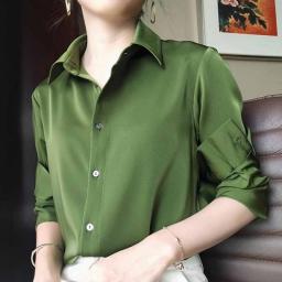 Spring Fashion Korean Satin Silk High Quality Button Loose Lady Long Sleeve Tops Avocado Green Shirt Vintage Blouse Women 12610