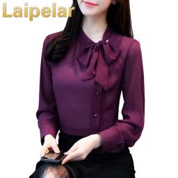 2018 New Bow Neck Women's Clothing Spring Long-sleeved Chiffon Women Blouse Shirt Solid Purple Formal Women Tops Blusas