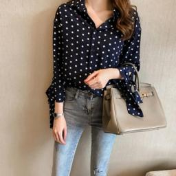 Women's Long Sleeve Loose Casual Polka Dot Striped Floral Office Blouse Shirt Tops