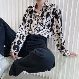New 2021 Women Leopard Blouse Spring Summer Chiffon Shirts Casual Oversize Button Up Blouse Fashionable Office Lady Wild Tops