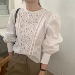 Fashion O Neck Women Blouse Spring Hollow Out Floral White Ladies Shirts Lantern Sleeve Office Shirt New Female Clothing 13271