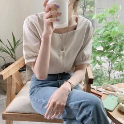 Retro Vintage Chic Square Collar Tops Hot Women Summer Short Sleeve Korea Japan Style Design Button Blouse Shirts Flhjlwoc Cute